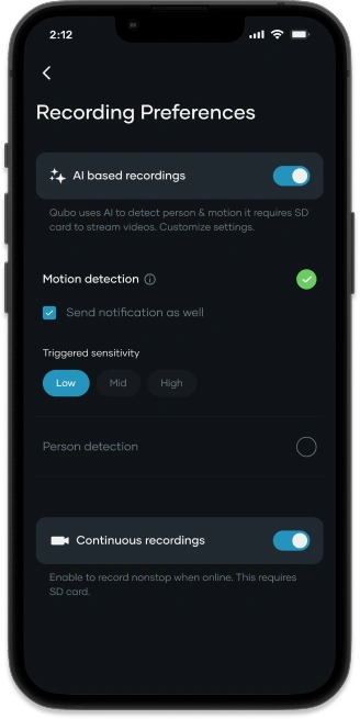 Image of a phone screen displaying the Qubo app with recording options