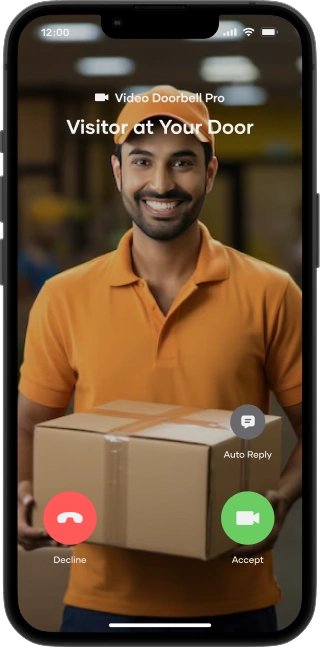 Image of a delivery man on a phone screen with accept/decline call options