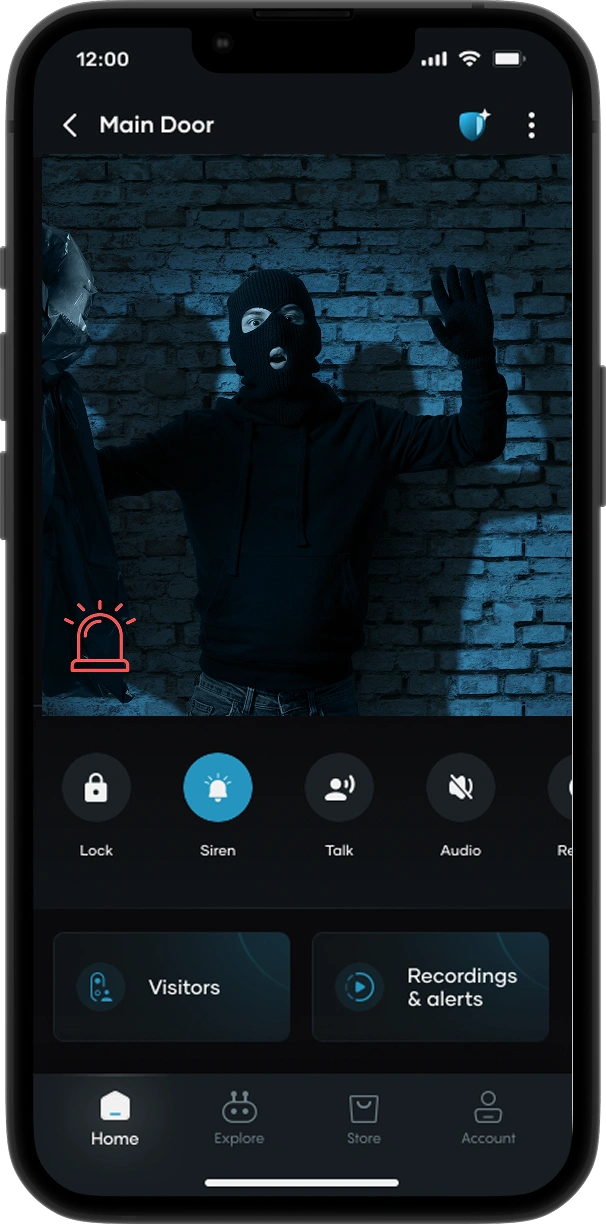 Image of a phone screen showing a thief detected on the Qubo app with an alarm icon on the left
