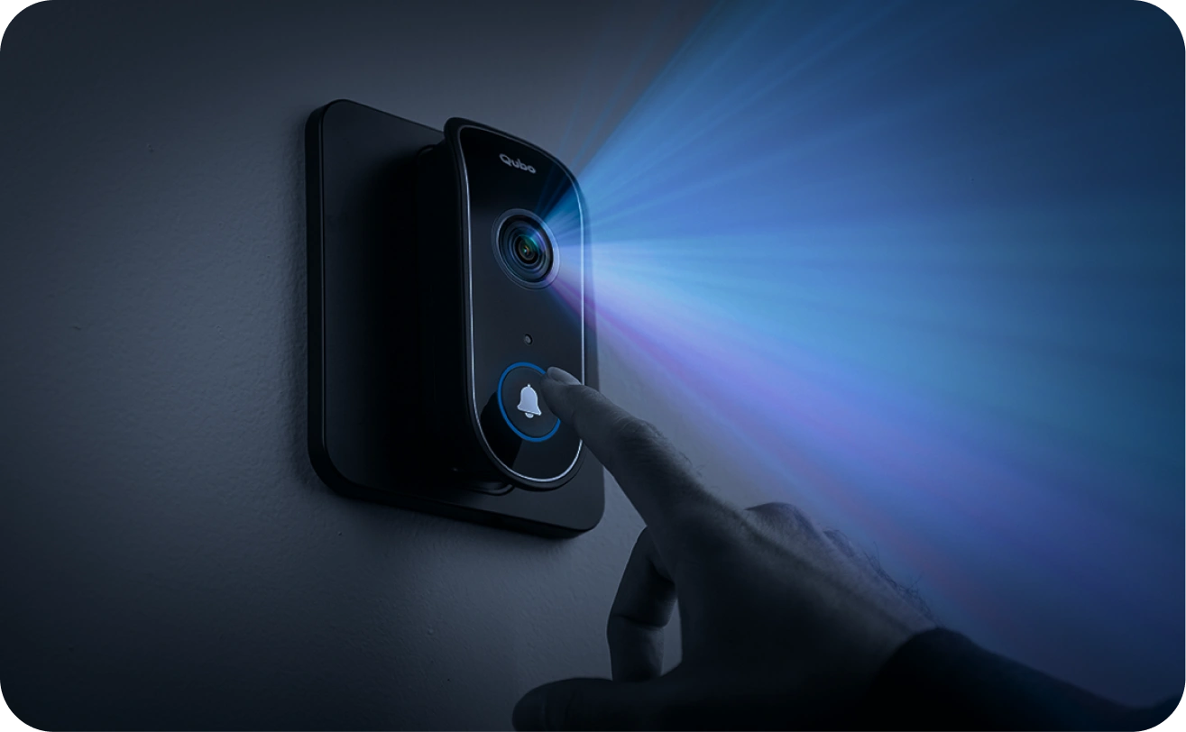 Image of Qubo Video Doorbell on wall emitting light 