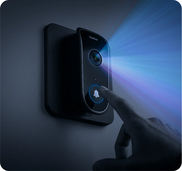 Image of Qubo Video Doorbell on wall emitting light 